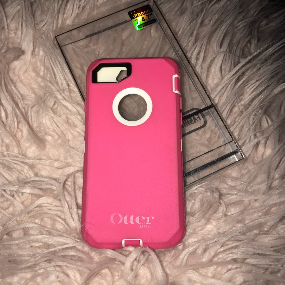 A pink otter box case for iPhone 7.
